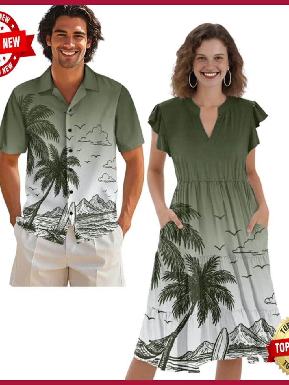 Matching Couples Tropical Vacation Outfit Set Women's Dress Men's Shirt
